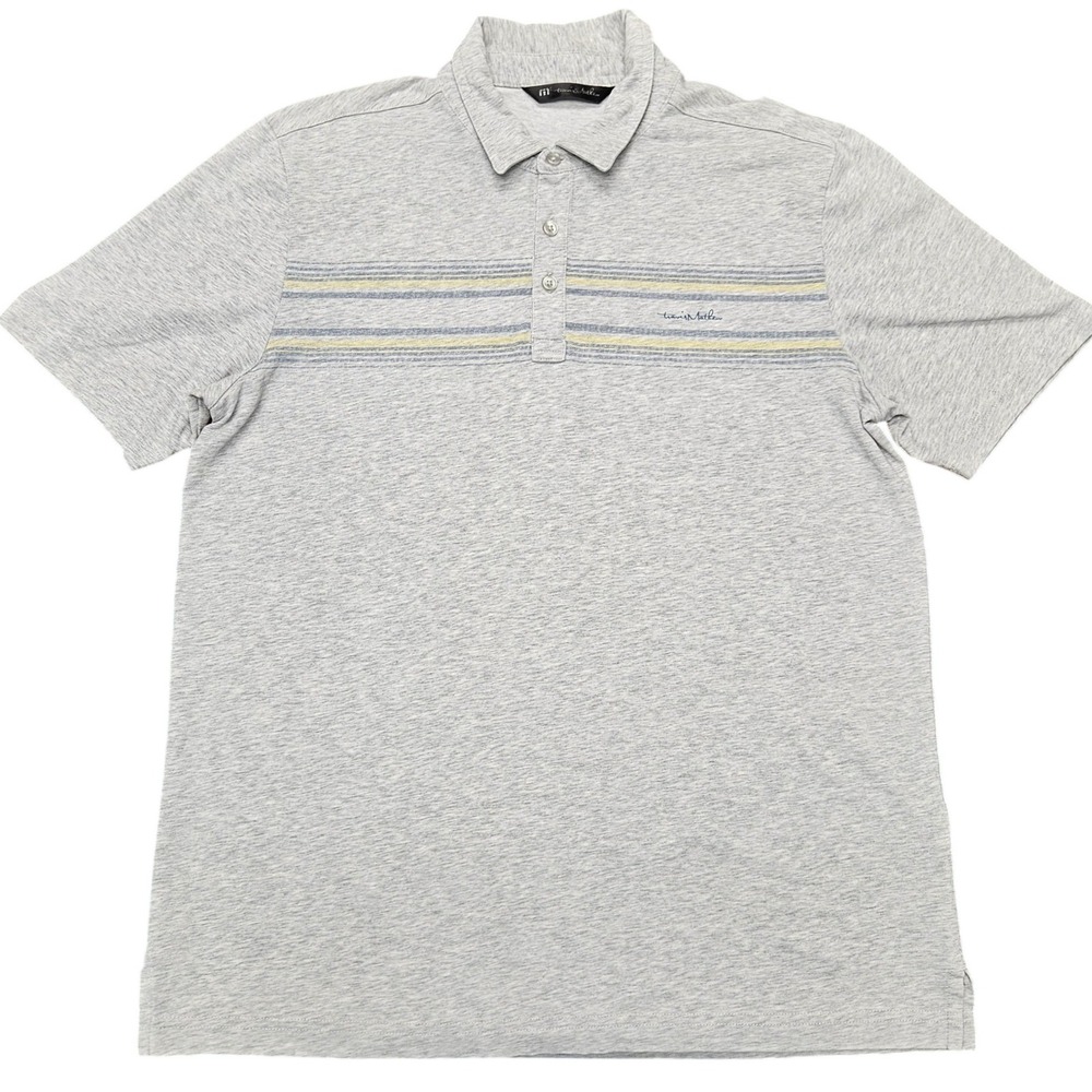 Travis Mathew Gray Striped Polo Shirt Mens L Golf Coastal Quiet Luxury